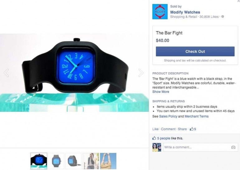 Captura de pantalla nuevo sistema de compra integrado en Facebook
